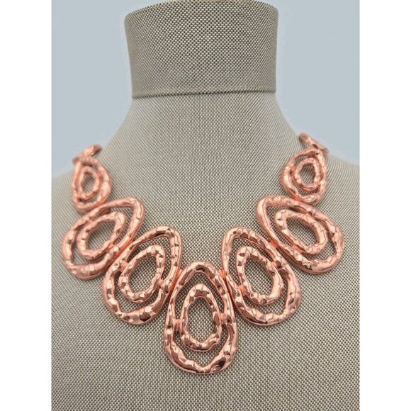 Copper Bohemian Abstract Rough Hammered Surfaced Oval Shape Statement Necklace - Picture 2 of 6